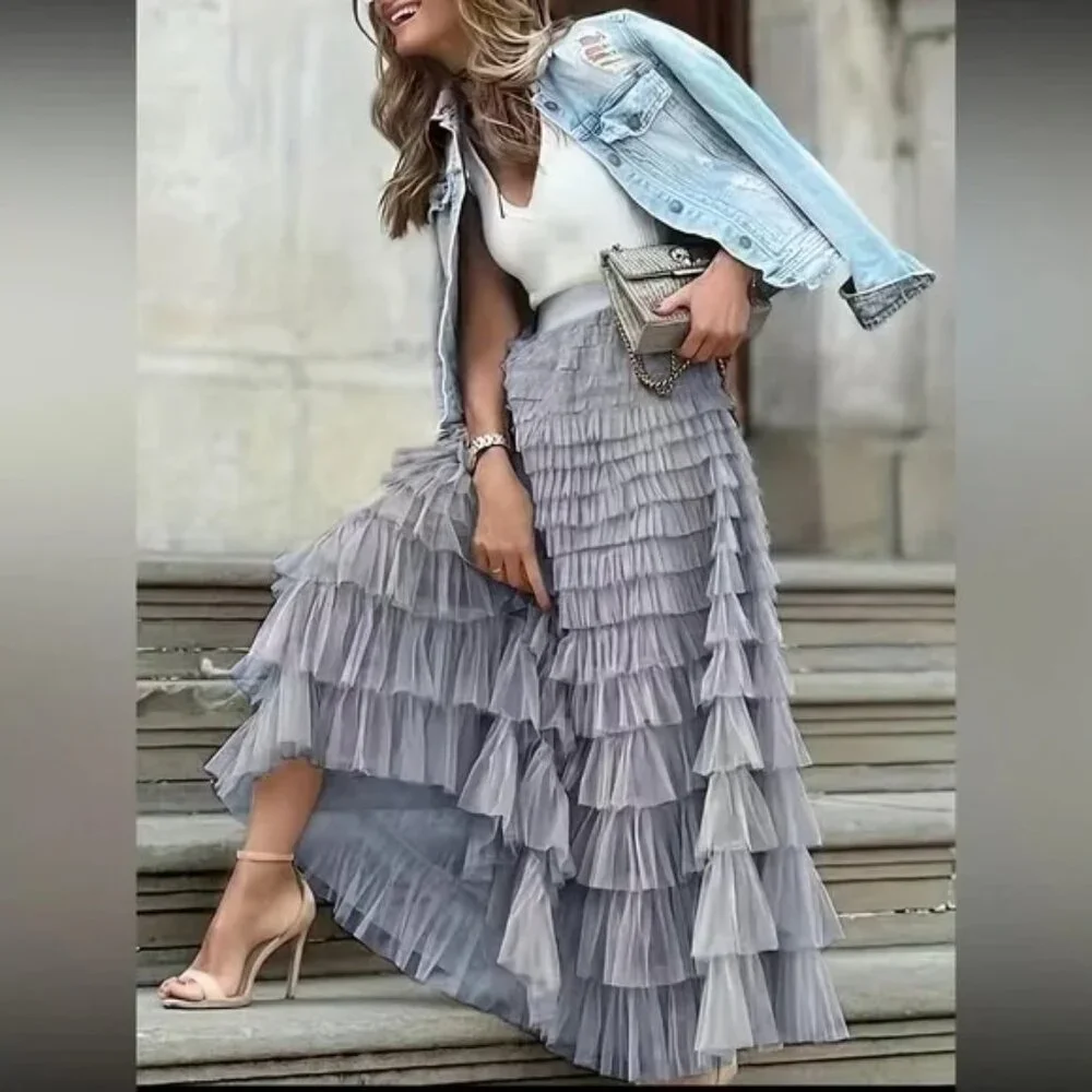 Luxe boho layered mesh maxi skirt
